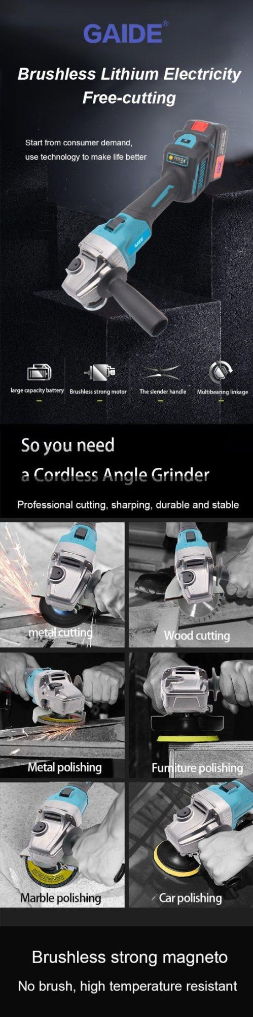 Cordless Angle Grinder 115mm Grinding and Cutting