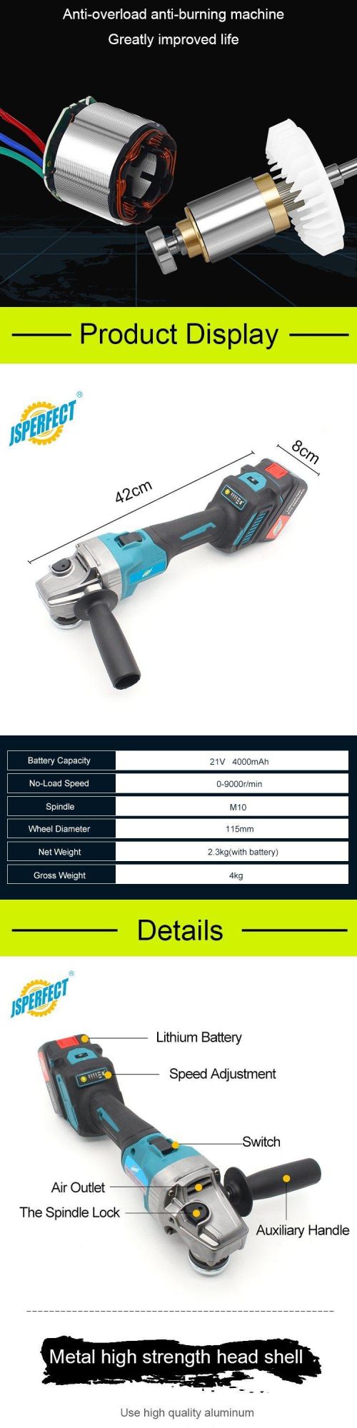 PRO 2022 New Design 21V 115mm Cordless Angle Grinder with Variable Speed