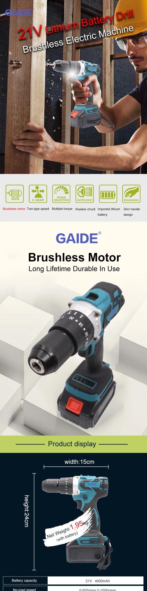 Gaide OEM Factory Price Switch Impact Drilling Machine Heavy Duty Cordless Drill