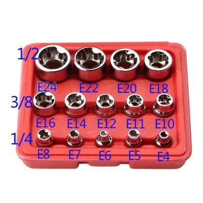 14PCS 1/4&prime;&prime; 3/8&prime;&prime; 1/2&prime;&prime; Driver E Torx Star Bit Chrome Socket Kit Tool Set + Box