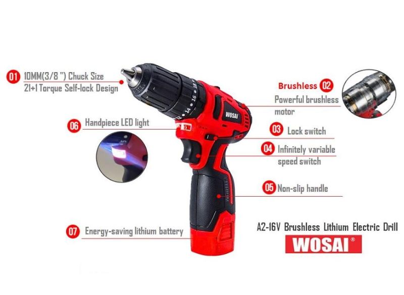 Wosai 12V 16V 21V Cordless Mini Lithium-Ion Battery Electric Screwdriver Drill Brushless Power Drills