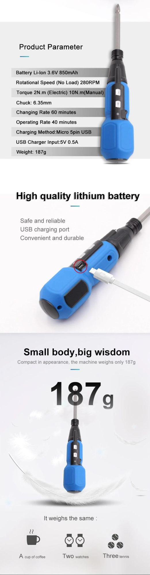 3.6V Cordless Screwdriver Drill with Lithium Battery