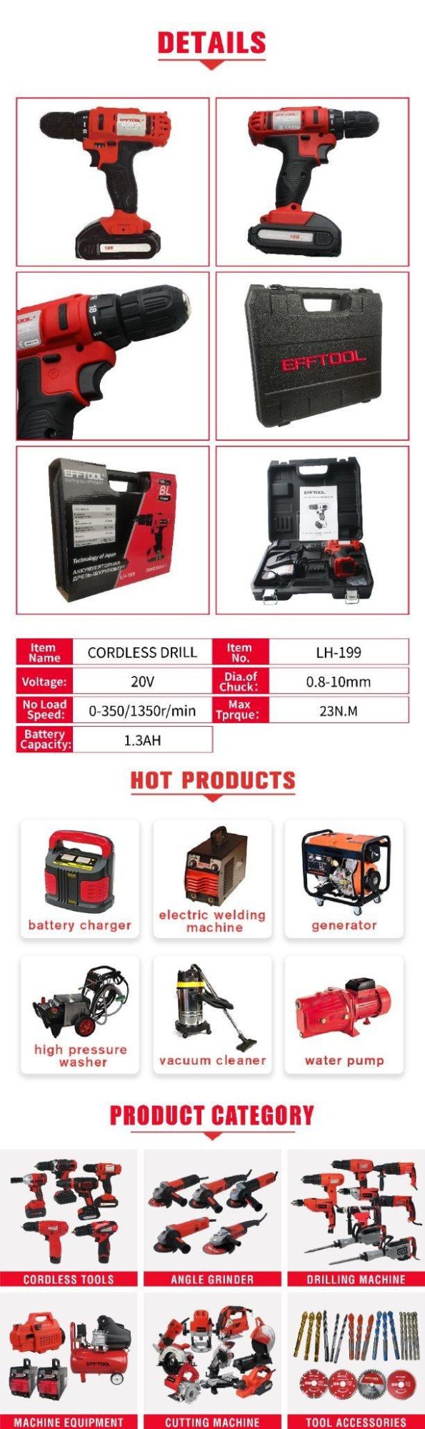 Efftool Hot Selling 18V Li-ion Battery High Quality Cordless Drill Lh-199
