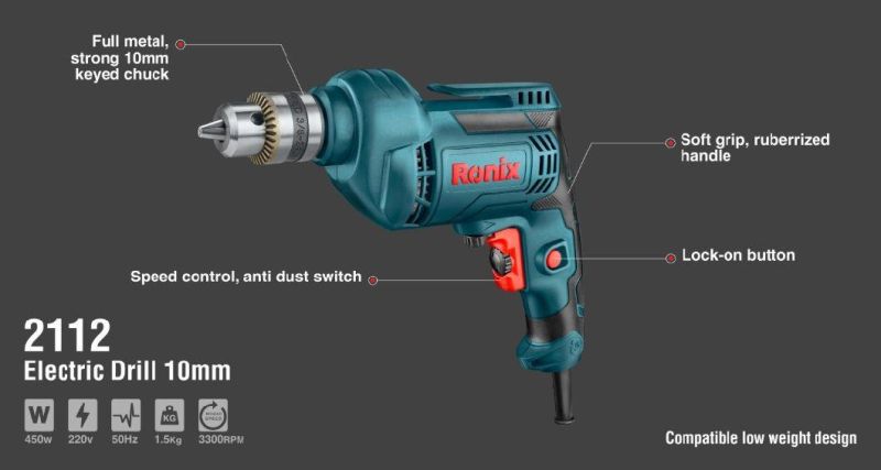 Ronix High Quality Power Tools 10mm-450W Electric Drill Machine Model 2112