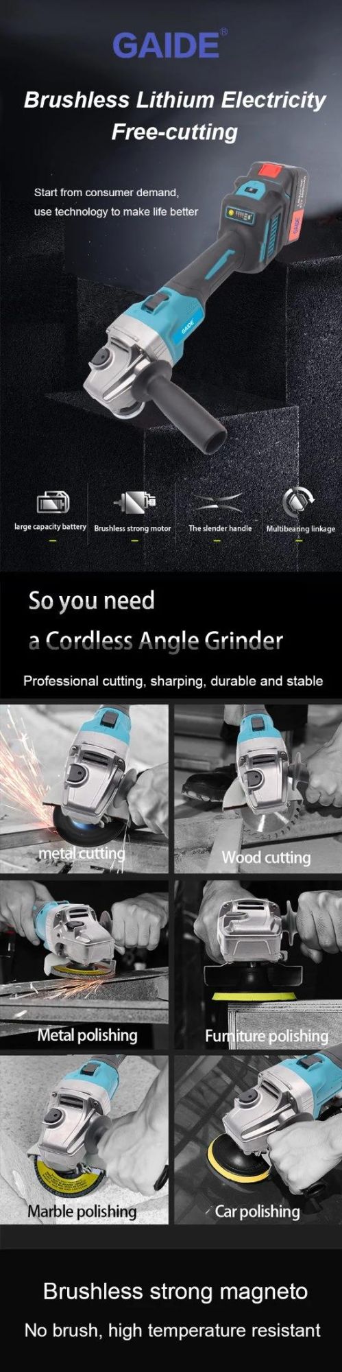 Brushless Cordless Angle Grinder 98vf 12000mAh