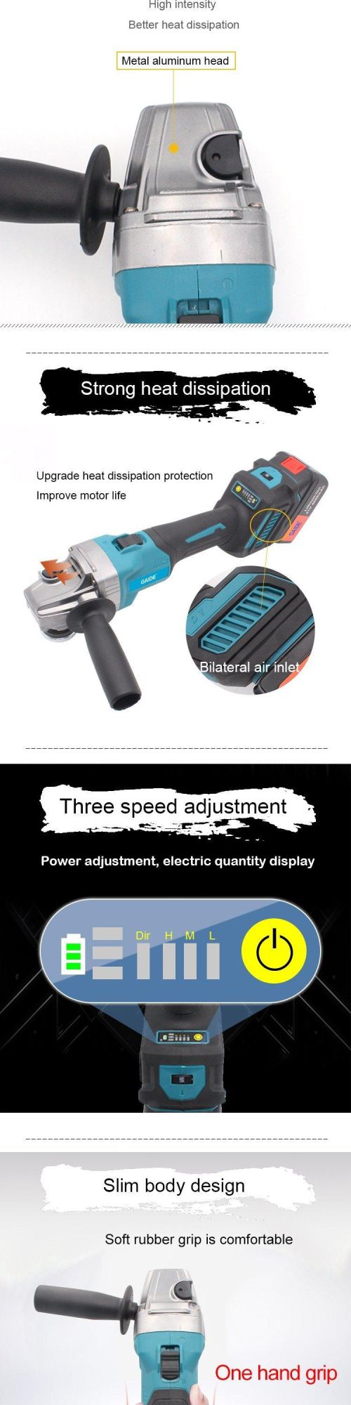 Cordless Angle Grinder with Battery Charger Wheel Guard Spanner