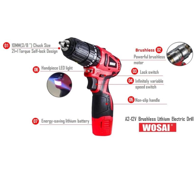 Brushless Maintenance-Free 12V Wosai Drill Battery Drill Kits Electric Drill Machine