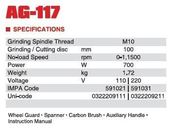 CE GS INDUSTRIAL GRINDERELECTRIC ANGLE GRINDER IMPA CODE:591021591031 AG-117