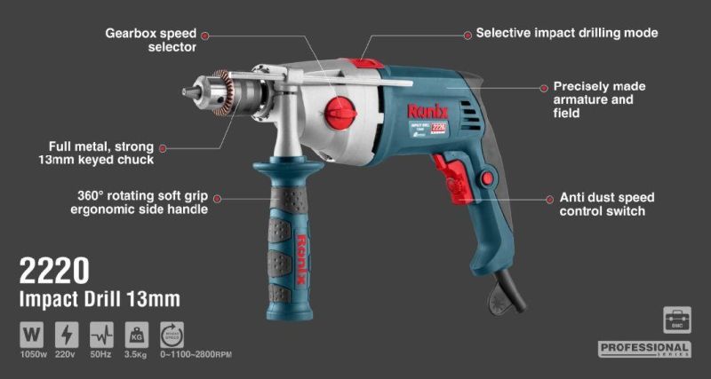 Ronix Model 2220 13mm 1050W Professional Power Tool Portable Electric Impact Driver Drill