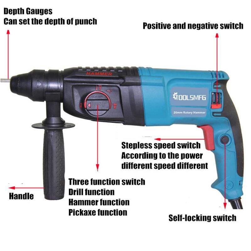 Toolsmfg Trh8026s 26mm 800W Electric Rotary Hammer with Quick Chuck