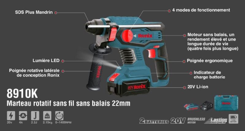 Ronix 20V Model 8910 New Design Portable Brushless Cordless Rotary Hammer Impact Drill Rotary Hammer
