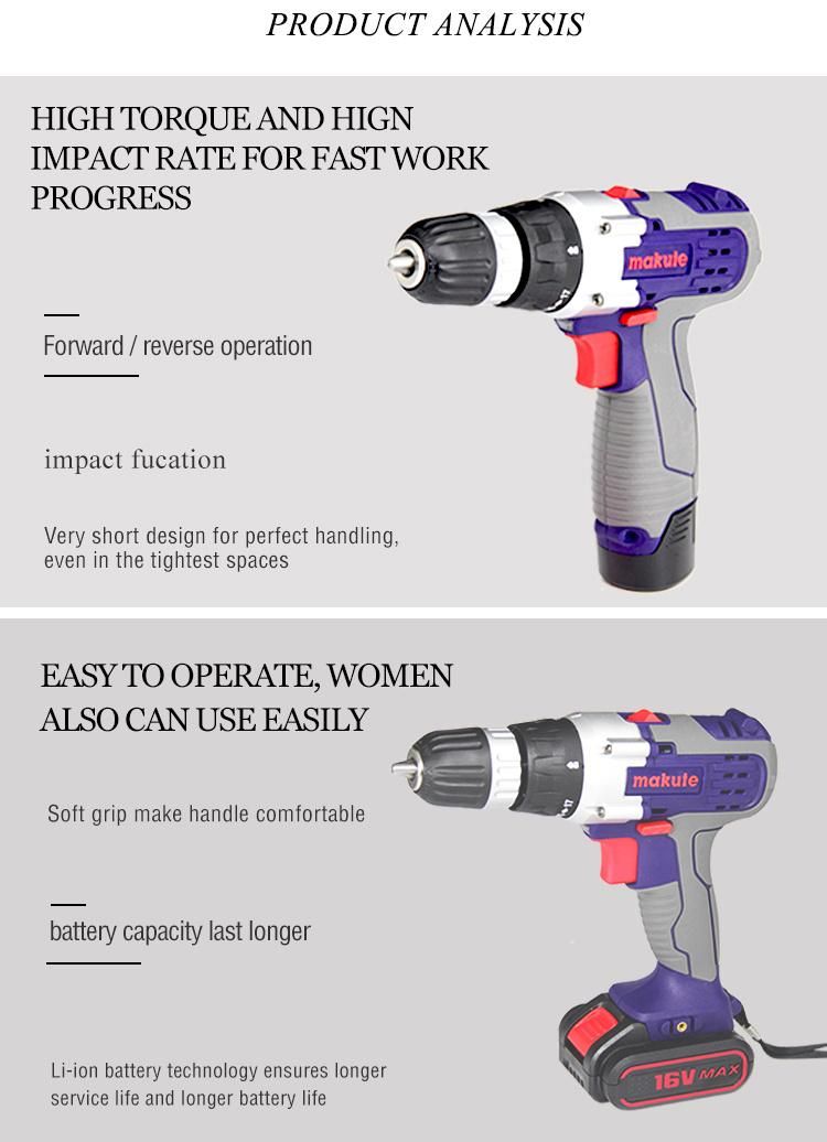Big Torque 23n. M Cordless Drill 12V/16V/20V Hand Tools with Li-ion Battery