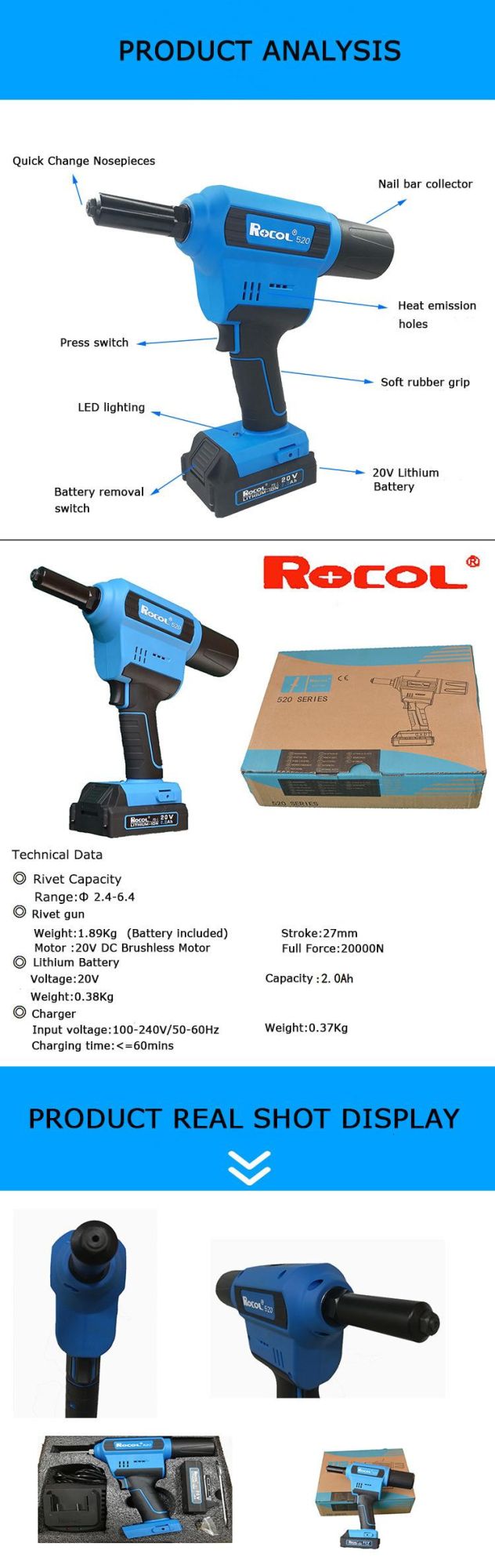 Hot Sale Durable Long Running Time Quick Charge 2.4-6.4 Battery Rivet Tool