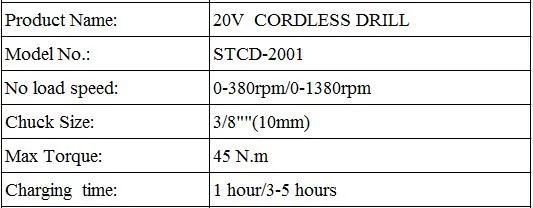 20V Industrial Lithium Power Drill 2.0/4.0ah Stcd-2001 45n. M