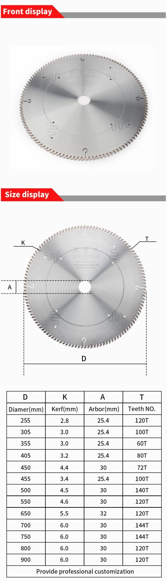 355X3.2/2.6X25.4X100t Professional Table Saw Blade Metal Cutting Circular Tct Aluminum Saw Blade