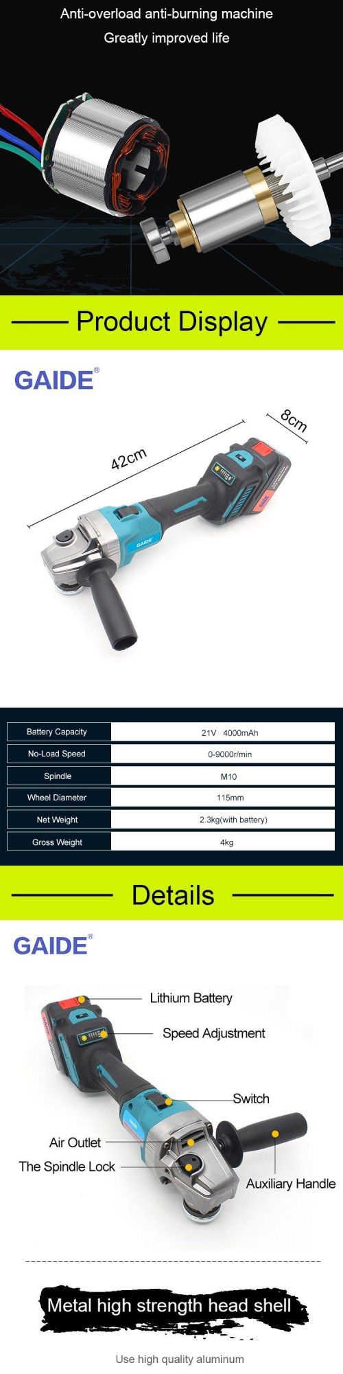 1000W Battery Brushless Angle Grinder Cordless Anti-Slip Design