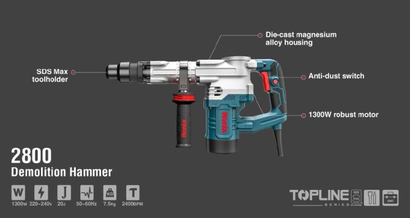 Ronix Model 2800 Professional 1300W 20j SDS Plus BMC Packing 40mm Electric Demolition Jack Hammer Drill