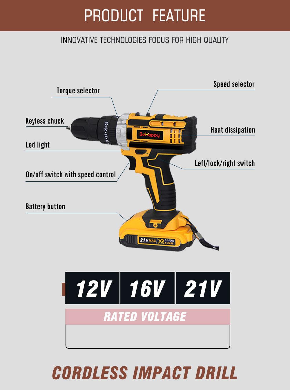 Behappy 21V Yellow Power Tool Cordless Hand Drill for Drilling Metal and Wood