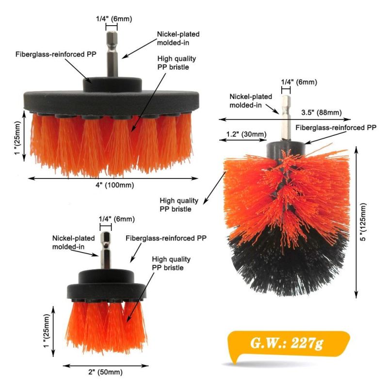 Electric Drill Brush 3-Piece Set 2 Inch 3.5 Inch 4 Inch Electric Orange Cleaning Brush Head