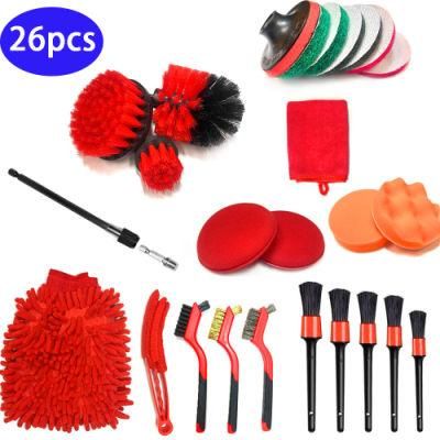Cross-Border Supply Cleaning Brush Car Beauty Cleaning 26-Piece Detail Brush Red Kitchen Stain Removal Electric Drill Brush Head