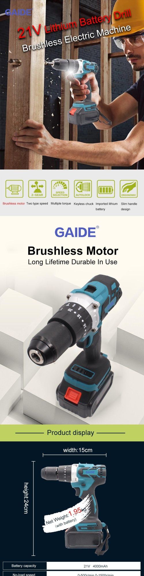 Gaide Portable Power Toll Set Heavy Duty Drilling Machine 21 Volt Cordless Drill Kit