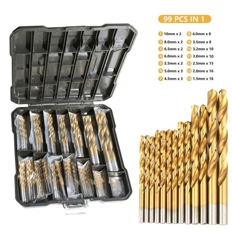99PCS HSS Twist Drill Bit Set 1.5-10mm Straight Shank Titanium Coated HSS Drill Bits for Metal Wood Stainless Steel Metal Drilling