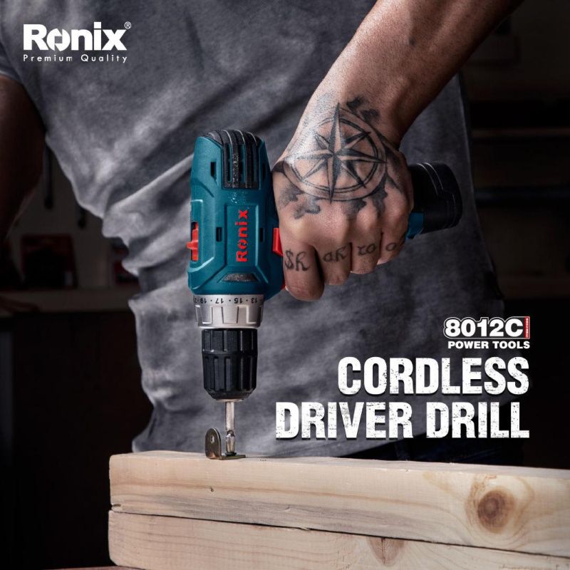 Ronix New Model 8012c 12V Professional High Quality Stepless Speed Industry Lithium Battery Cordless Hand Drill