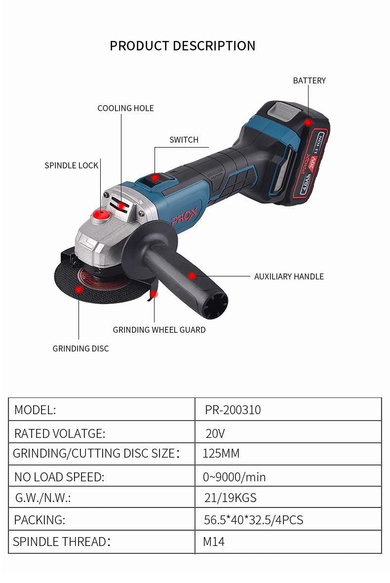 Prox High Power Cordless Li-ion Brushless Angle Grinder 20V Pr-200310