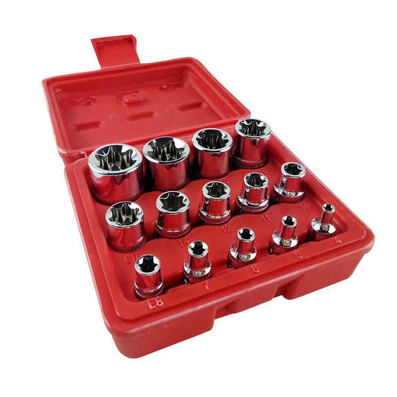 14PCS 1/4′′ 3/8′′ 1/2′′ Driver E Torx Star Bit Chrome Socket Kit Tool Set + Box