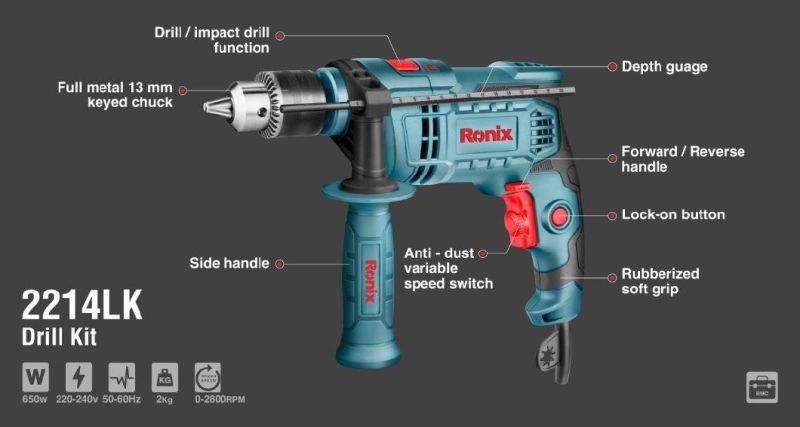 Ronix Model 2214lk 650W 13mm in Stock Power Tools Portable Handle Electric Impact Driver Drill Set with BMC Box