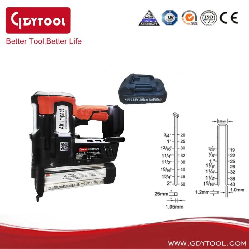 OEM China Good Supplier 18V Battery Cordless F50 Nailer and 9040 Stapler 2 in 1 Gdy-Af5040m