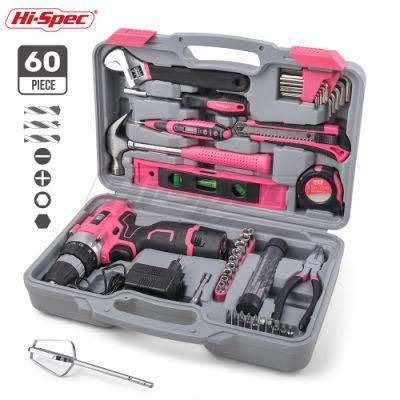 Hispec 60 Piece Women Pink Power Tool Sets Kit Electric Screwdriver with 12V Cordless Drill Liion Battery Electric Tools Parts