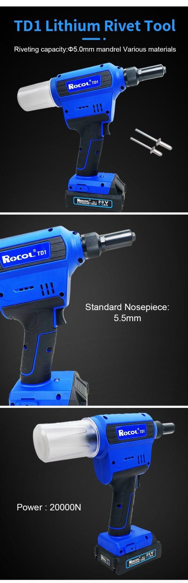 4.8-8.0mm Blind Rivets Industrial Grade 20V DC Cordless Electrical Tool