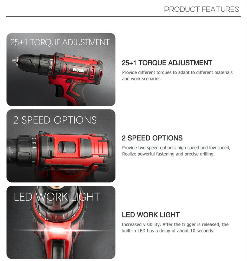 20V Wosai Torque Variable Speed Power Drilling Machine Cordless Power Drills with Li-ion Battery