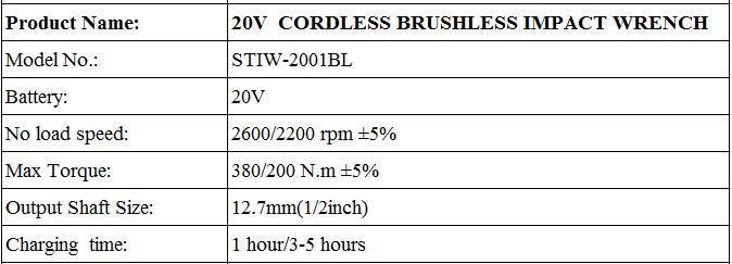 Suntec 20V 1/2" 2400bpm Impact Rate Electric Cordless Brushless Impact Wrench
