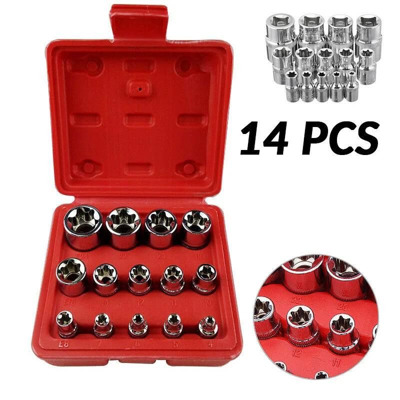14PCS 1/4′′ 3/8′′ 1/2′′ Driver E Torx Star Bit Chrome Socket Kit Tool Set + Box