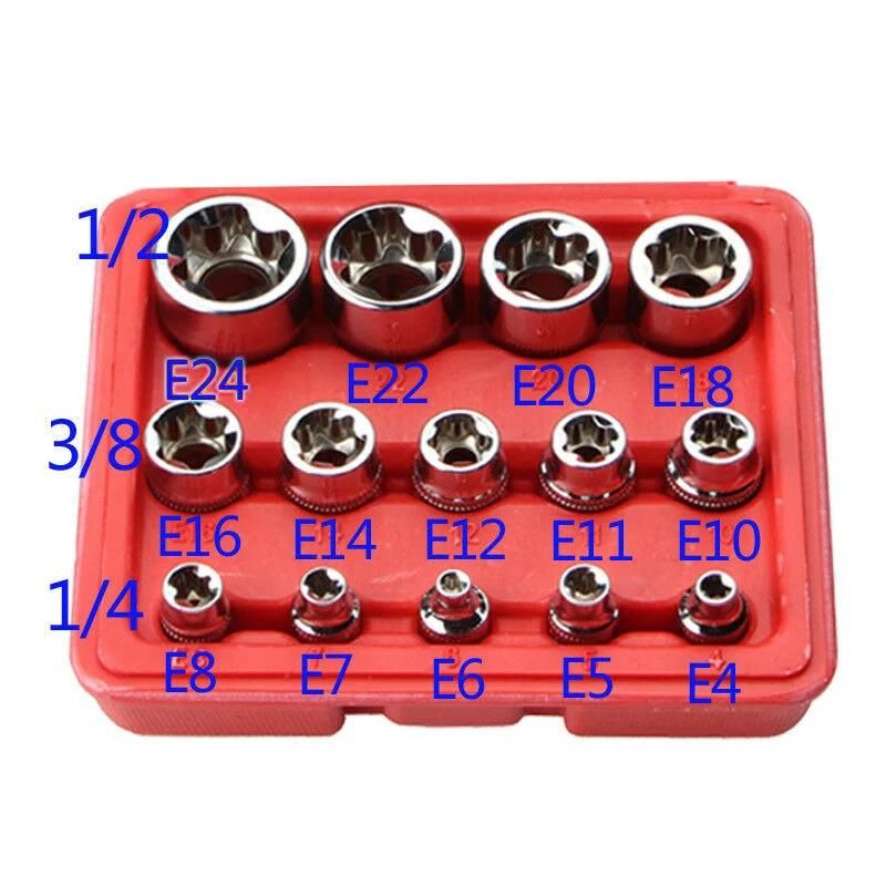 14PCS 1/4′′ 3/8′′ 1/2′′ Driver E Torx Star Bit Chrome Socket Kit Tool Set + Box