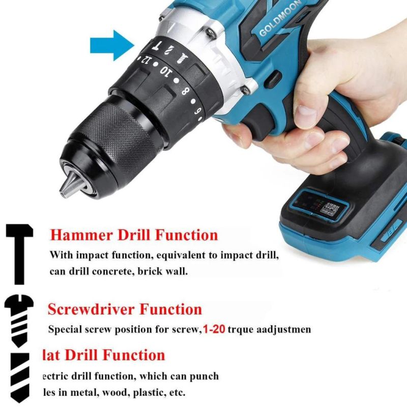 Goldmoon Cordless Electric Impact Drill 3 in 1 Power Screw Drivers Electric Hammer Drill 13mm Chuck Brushless Electric Screwdriver