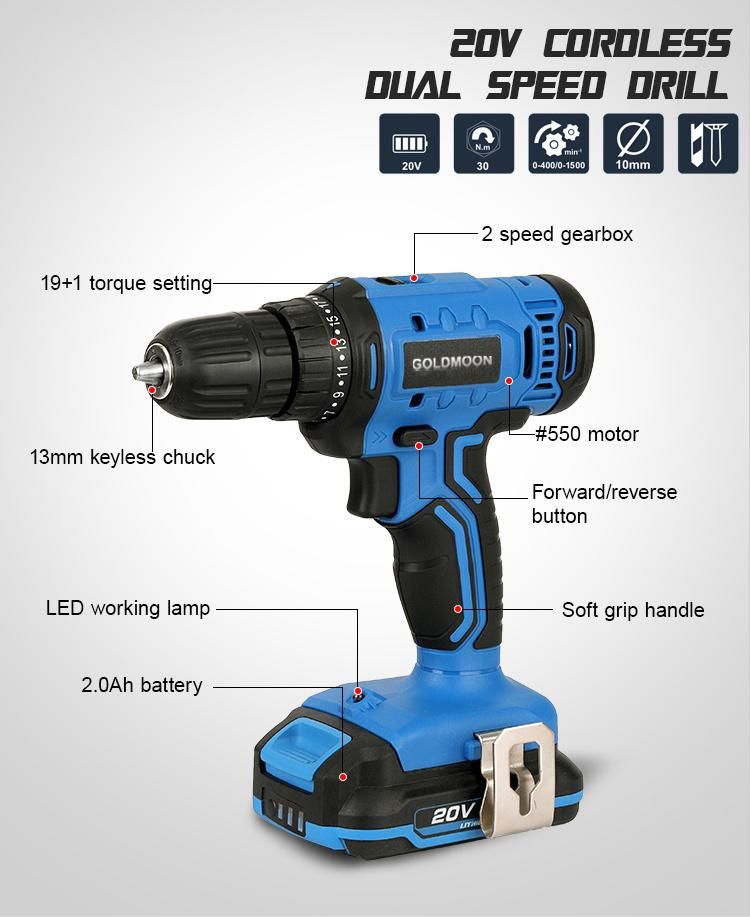 Goldmoon 20V Cordless Lithium Hot Sale Goldmoon 13mm Double Dual Speed Drill