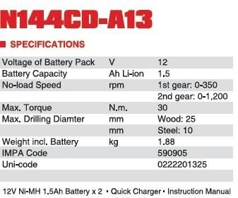 MARINE TOOLSHAND-HELD POWE TOOLSCORDLESS DRILL CE GS IMPA CODE:590905 N144CD-A13