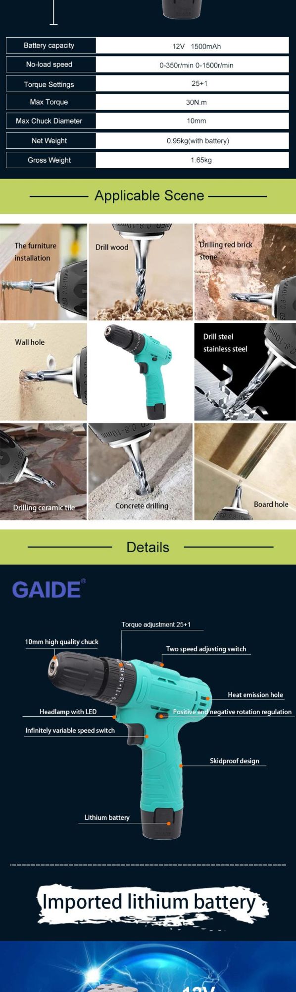 Gaide DIY Cordless Drill Power Screw Driver Multifunction