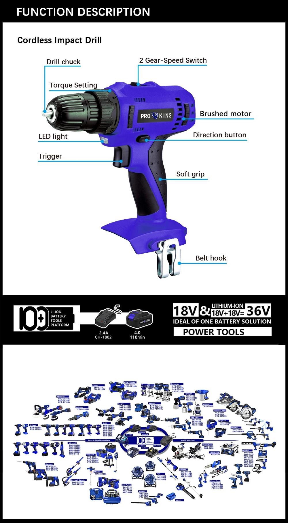 Cordless Impact Drill Brushed Motor 38nm