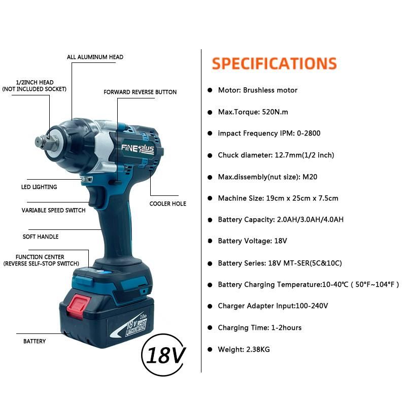 Brushless Impact Wrench 1/2 Inch Power Tools 18V Battery