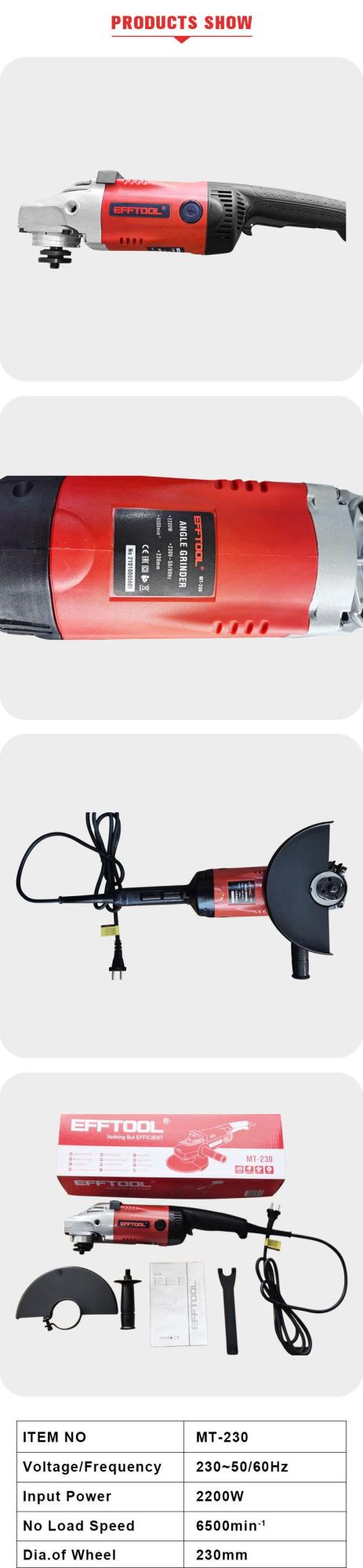 Efftool 2600W Heavy Duty 230mm Electric Angle Grinder with High Quality