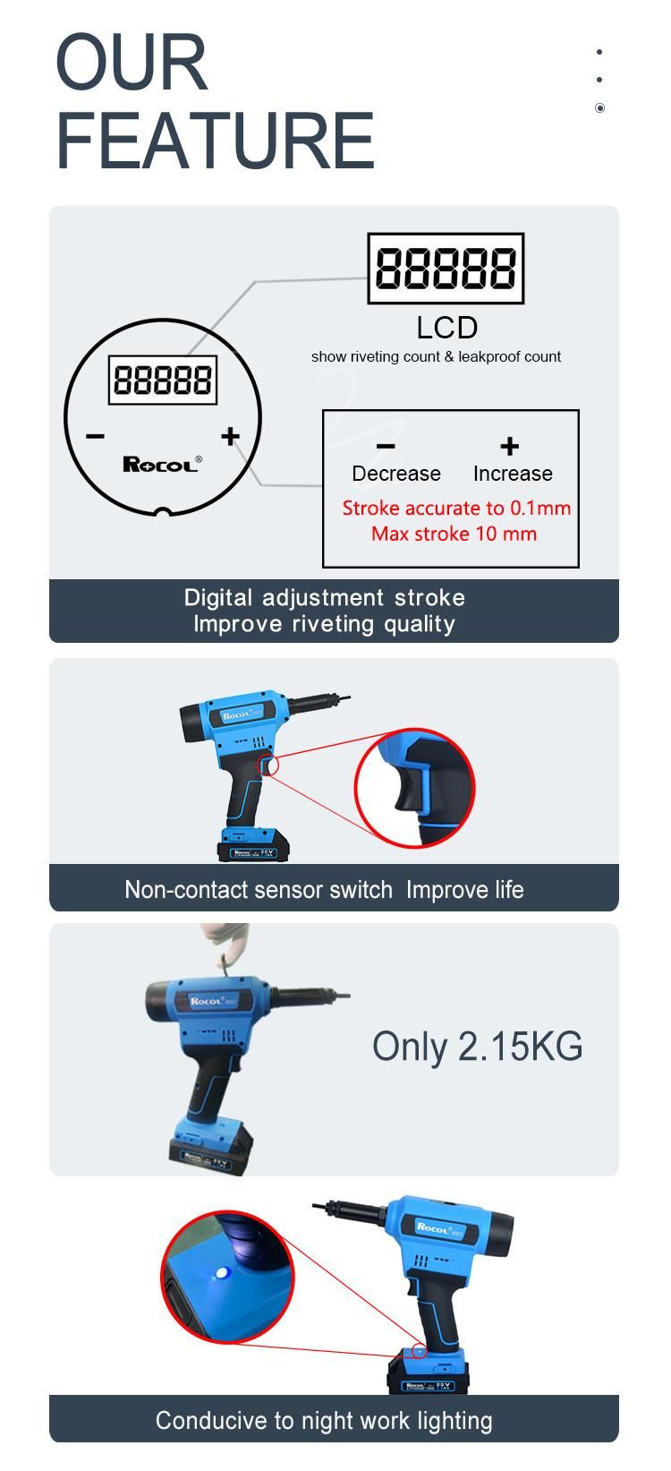 Digital Adjustment Stroke No-Contact Sensor Switch Li-Lon Battery Rivet Nut Tool