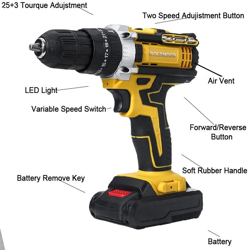 Goldmoon 18V Cordless Drill Electric Screwdriver Power Driver with 2-Speed Power Tools for DC Lithium-Ion Battery