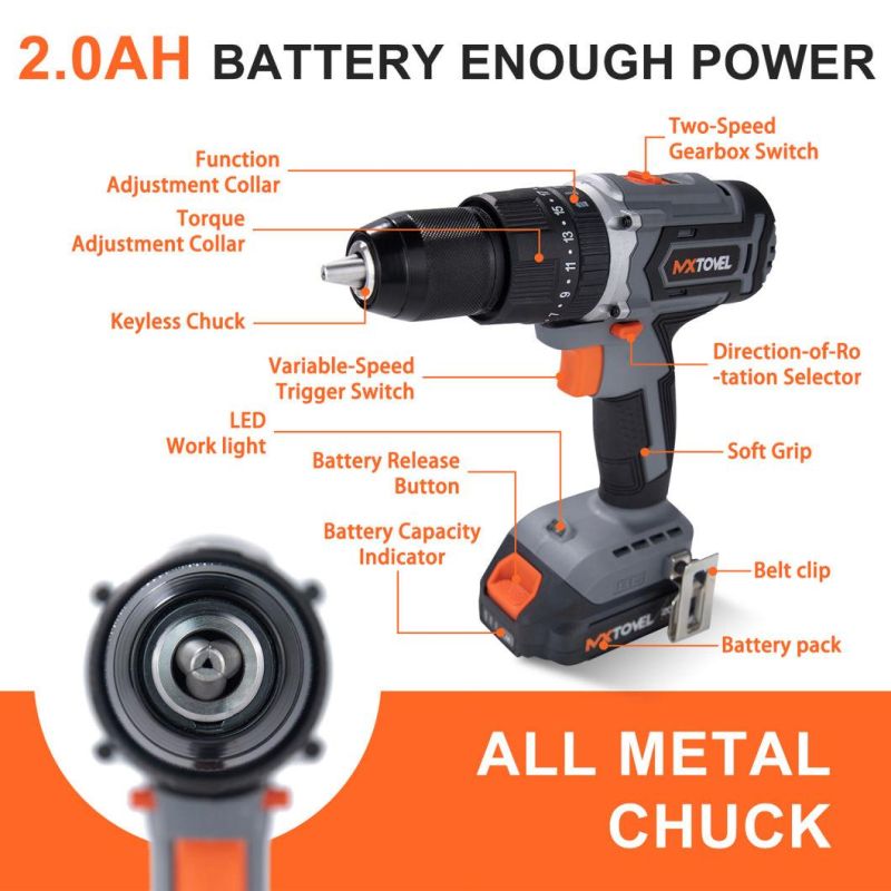 Chinese Quality 20V Lithium Battery Power Tools High Torque 60n. M Brushless Cordless Impact Drill with Competitive Price