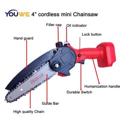 Youwe Quality Power Tools 21V 6inch Li-ion Brush Motor Chainsaw with Two Batteries