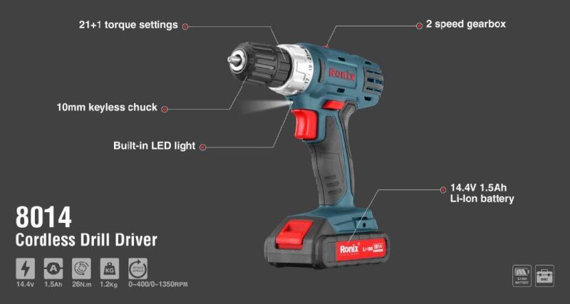 Ronix Model 8014 Cordless Power Tools 14.4V Battery Electric Screwdriver Cordless Drill