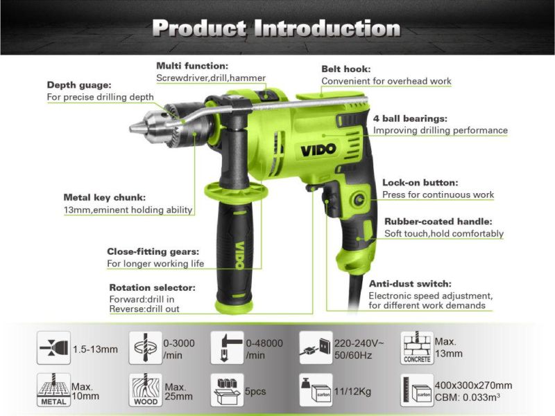 Vido Power Tools 650W Handheld Electric Impact Drill